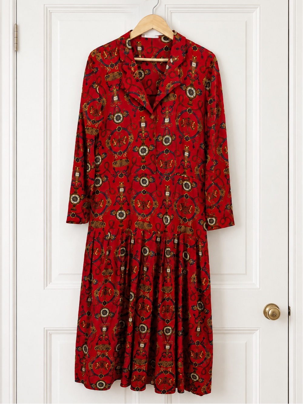 Vintage Brenner Chain Medallion logo maxi drop waist pleated dress